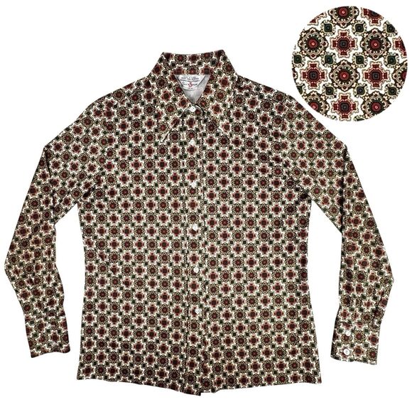 Vintage 70's Mens Sears Button Down Shirt M Pointy Collar Retro Disco Medallion - Picture 1 of 13